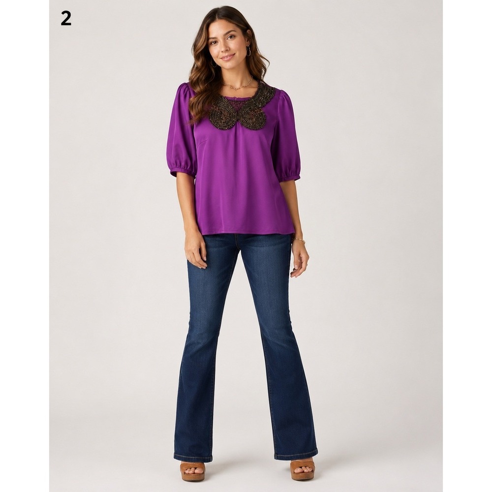 Jade Melody Tam‎ Career Blouse Womens XS Purple Polyester Beaded Collar